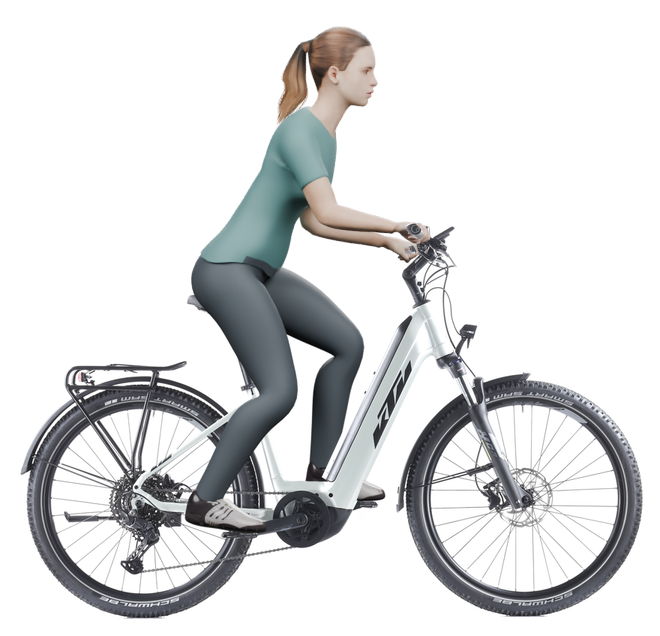 Sitzbeispiel mit derselben 3D-Person: leicht nach vorn geneigte Haltung auf demselben KTM Macina Aera mit 43 cm Rahmen.