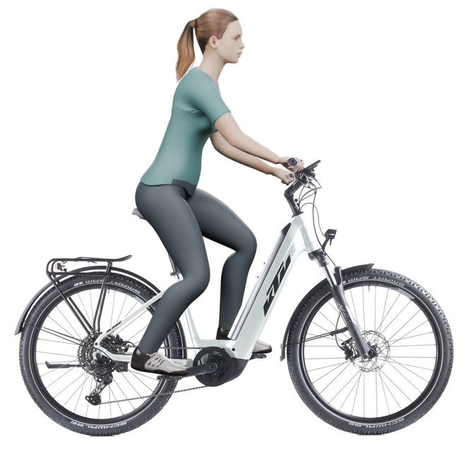 Sitzbeispiel mit 3D-Person: aufrechtere Haltung auf einem KTM Macina Aera mit 43 cm Rahmen.