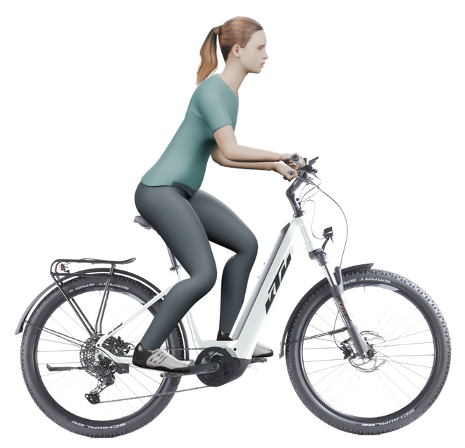 Sitzbeispiel mit derselben 3D-Person: leicht nach vorn geneigte Haltung auf demselben KTM Macina Aera mit 46 cm Rahmen.