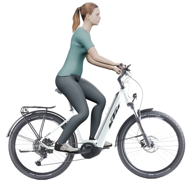 Sitzbeispiel mit 3D-Person: aufrechtere Haltung auf einem KTM Macina Aera mit 46 cm Rahmen.