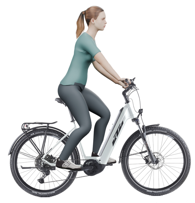 Sitzbeispiel mit 3D-Person: aufrechtere Haltung auf einem KTM Macina Aera mit 51 cm Rahmen.