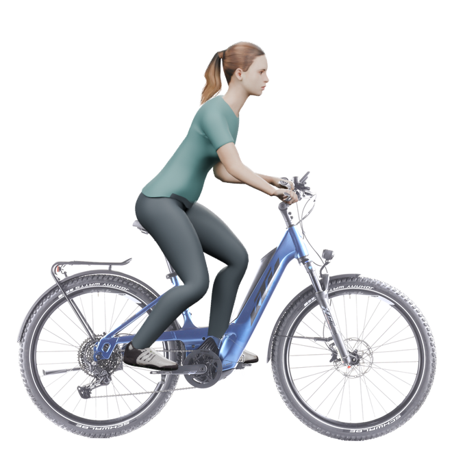 Sitzbeispiel mit derselben 3D-Person: leicht nach vorn geneigte Haltung auf demselben KTM Macina Aera 671 LFC PTS mit 43 cm Rahmen.