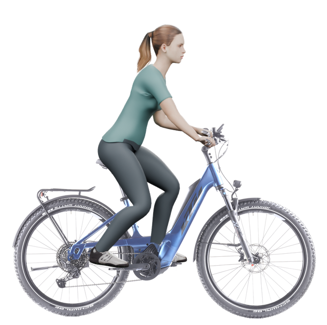 Sitzbeispiel mit 3D-Person: aufrechtere Haltung auf einem KTM Macina Aera 671 LFC PTS mit 43 cm Rahmen.