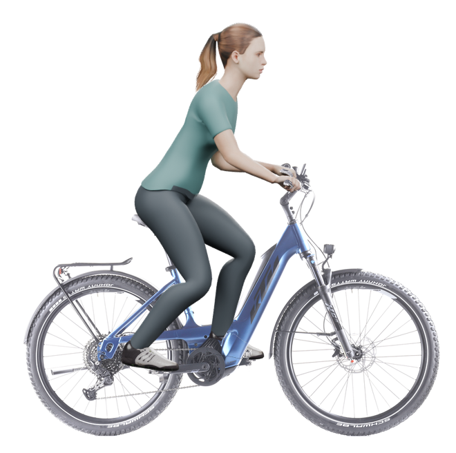 Sitzbeispiel mit derselben 3D-Person: leicht nach vorn geneigte Haltung auf demselben KTM Macina Aera 671 LFC PTS mit 46 cm Rahmen.