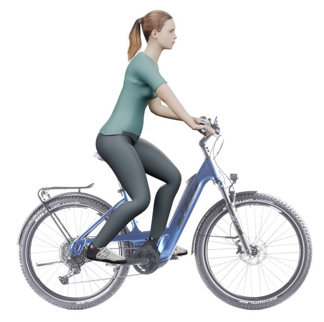 Sitzbeispiel mit 3D-Person: aufrechtere Haltung auf einem KTM Macina Aera 671 LFC PTS mit 46 cm Rahmen.