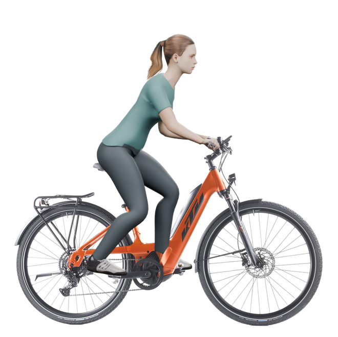 Sitzbeispiel mit derselben 3D-Person: leicht nach vorn geneigte Haltung auf demselben KTM Macina Sport 510 PTS mit 43 cm Rahmen.