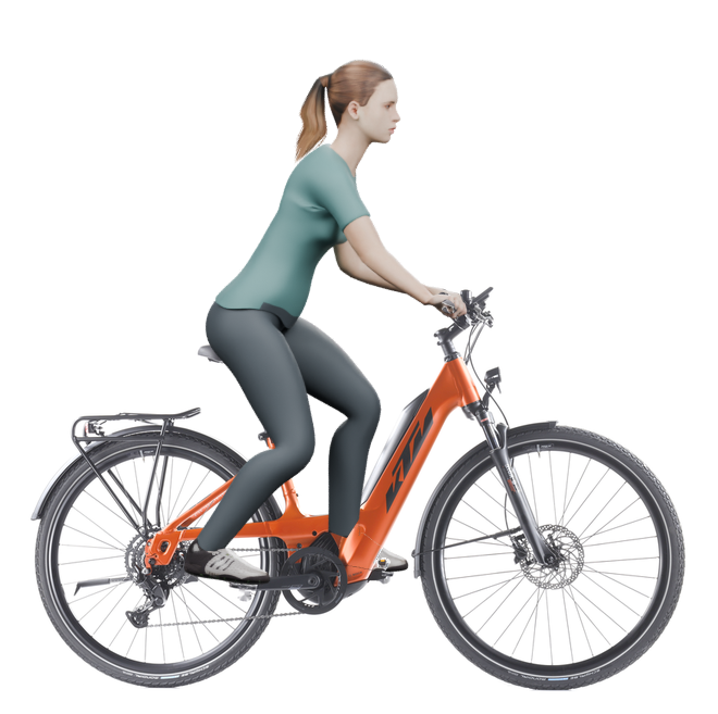 Sitzbeispiel mit 3D-Person: aufrechtere Haltung auf einem KTM Macina Sport 510 PTS mit 43 cm Rahmen.