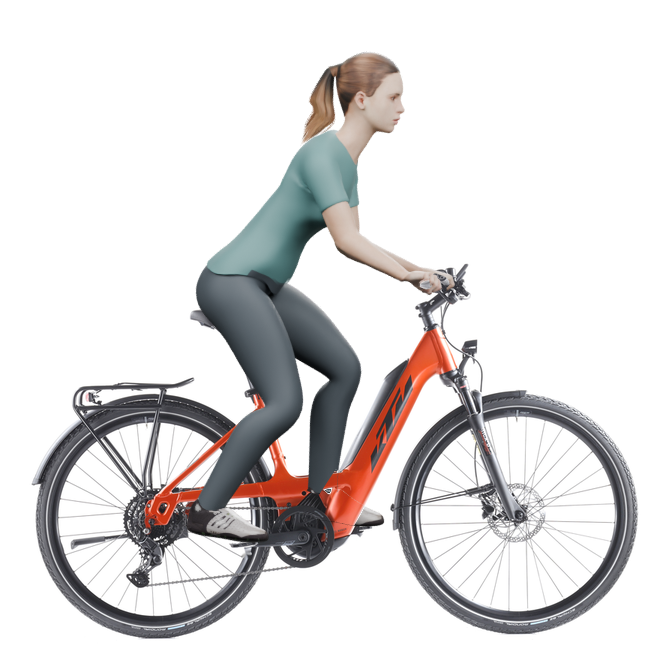 Sitzbeispiel mit derselben 3D-Person: leicht nach vorn geneigte Haltung auf demselben KTM Macina Sport 510 PTS mit 46 cm Rahmen.