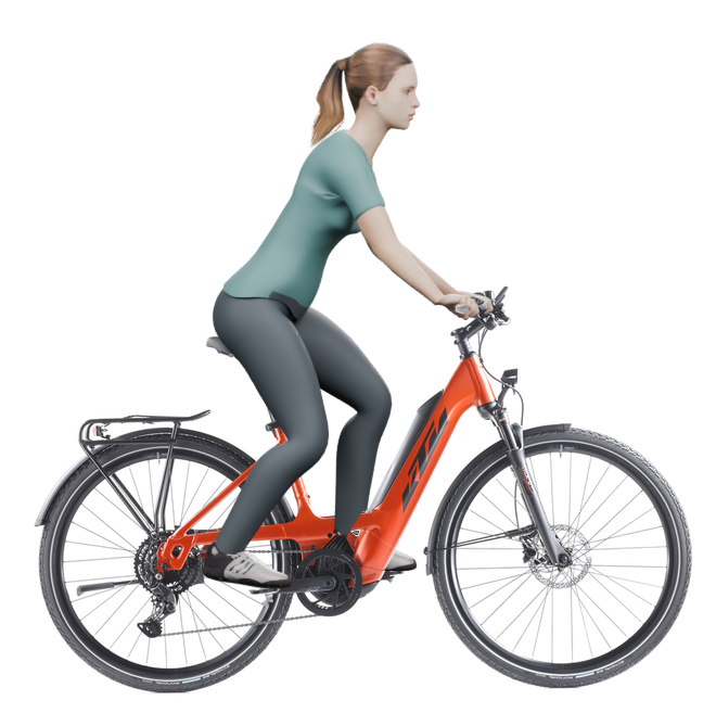 Sitzbeispiel mit 3D-Person: aufrechtere Haltung auf einem KTM Macina Sport 510 PTS mit 46 cm Rahmen.
