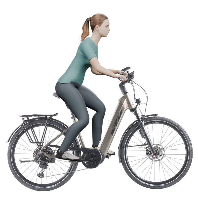 Sitzbeispiel mit derselben 3D-Person: leicht nach vorn geneigte Haltung auf demselben KTM Macina Style 720 ABS mit 46 cm Rahmen.
