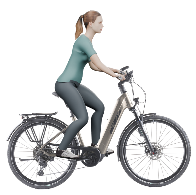Sitzbeispiel mit 3D-Person: aufrechtere Haltung auf einem KTM Macina Style 720 ABS mit 46 cm Rahmen.