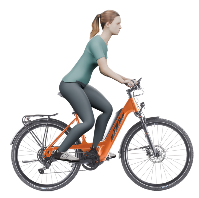 Sitzbeispiel mit derselben 3D-Person: leicht nach vorn geneigte Haltung auf demselben KTM Macina Sport 510 PTS mit 51 cm Rahmen.