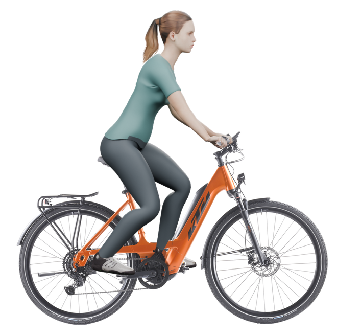 Sitzbeispiel mit 3D-Person: aufrechtere Haltung auf einem KTM Macina Sport 510 PTS mit 51 cm Rahmen.