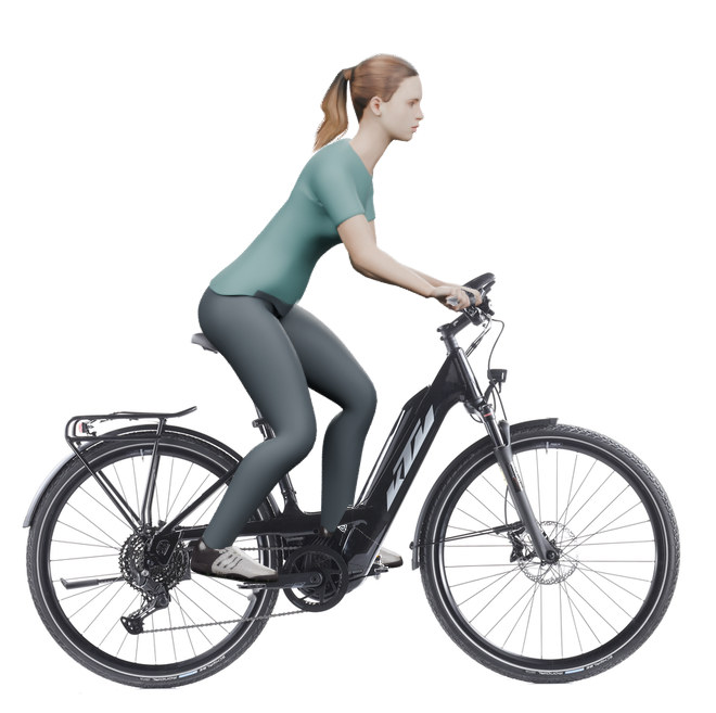 Sitzbeispiel mit derselben 3D-Person: leicht nach vorn geneigte Haltung auf demselben KTM Macina Sport 610 PTS mit 46 cm Rahmen.
