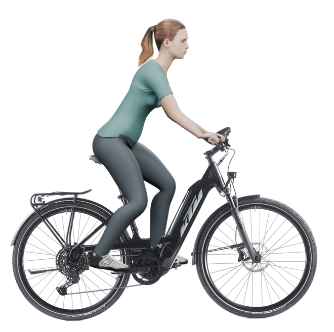 Sitzbeispiel mit 3D-Person: aufrechtere Haltung auf einem KTM Macina Sport 610 PTS mit 46 cm Rahmen.