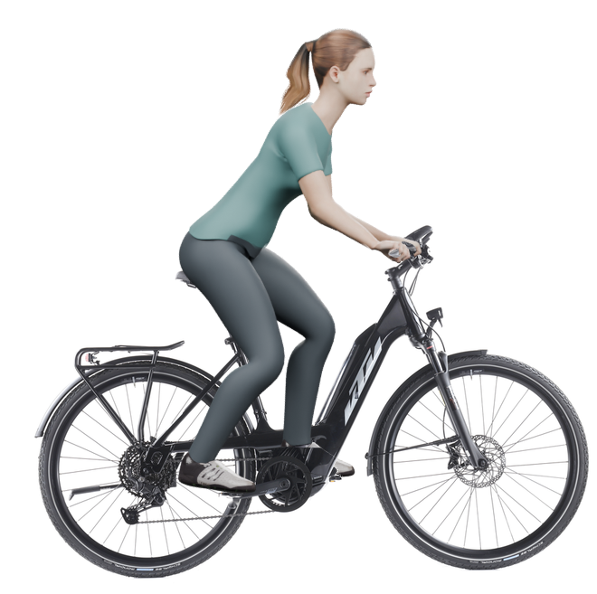 Sitzbeispiel mit derselben 3D-Person: leicht nach vorn geneigte Haltung auf demselben KTM Macina Sport 610 PTS mit 51 cm Rahmen.