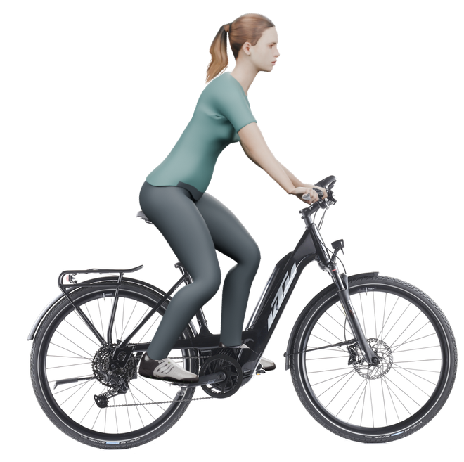 Sitzbeispiel mit 3D-Person: aufrechtere Haltung auf einem KTM Macina Sport 610 PTS mit 51 cm Rahmen.