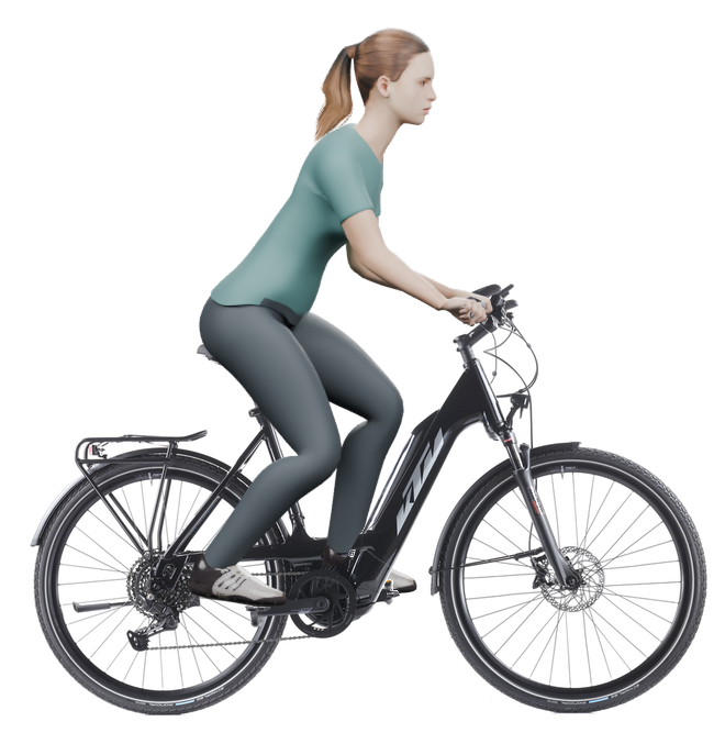 Sitzbeispiel mit derselben 3D-Person: leicht nach vorn geneigte Haltung auf demselben KTM Macina Sport 610 PTS mit 56 cm Rahmen.