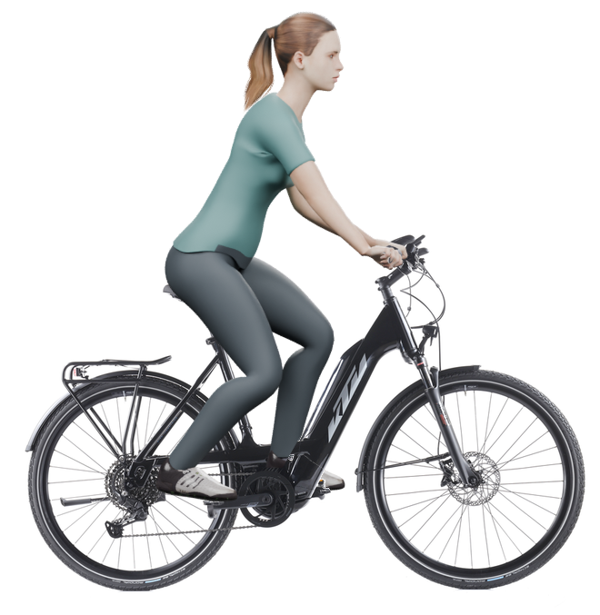 Sitzbeispiel mit 3D-Person: aufrechtere Haltung auf einem KTM Macina Sport 610 PTS mit 56 cm Rahmen.
