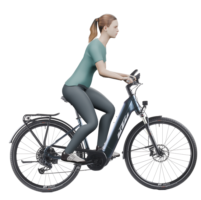 Sitzbeispiel mit derselben 3D-Person: leicht nach vorn geneigte Haltung auf demselben KTM Macina Sport 710 GX AXS mit 46 cm Rahmen.