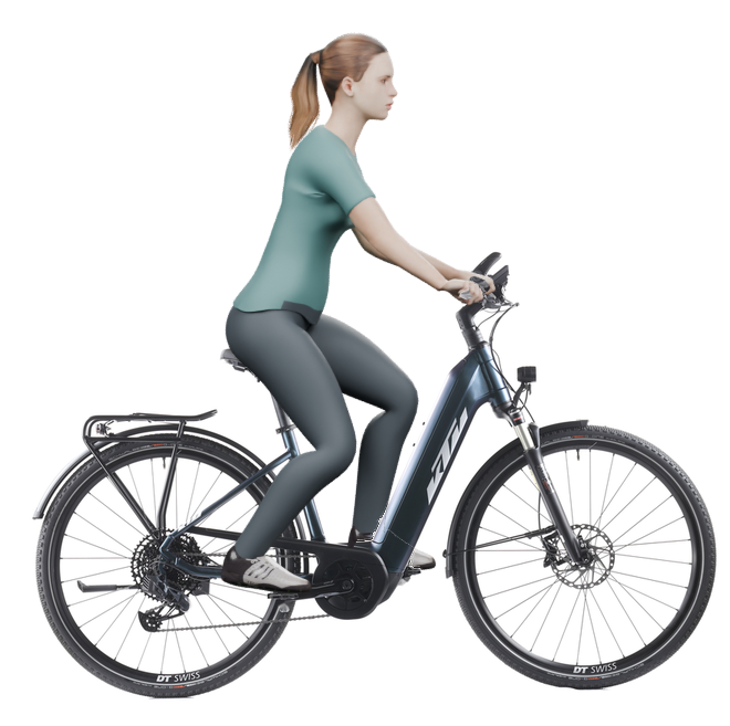 Sitzbeispiel mit 3D-Person: aufrechtere Haltung auf einem KTM Macina Sport 710 GX AXS mit 46 cm Rahmen.