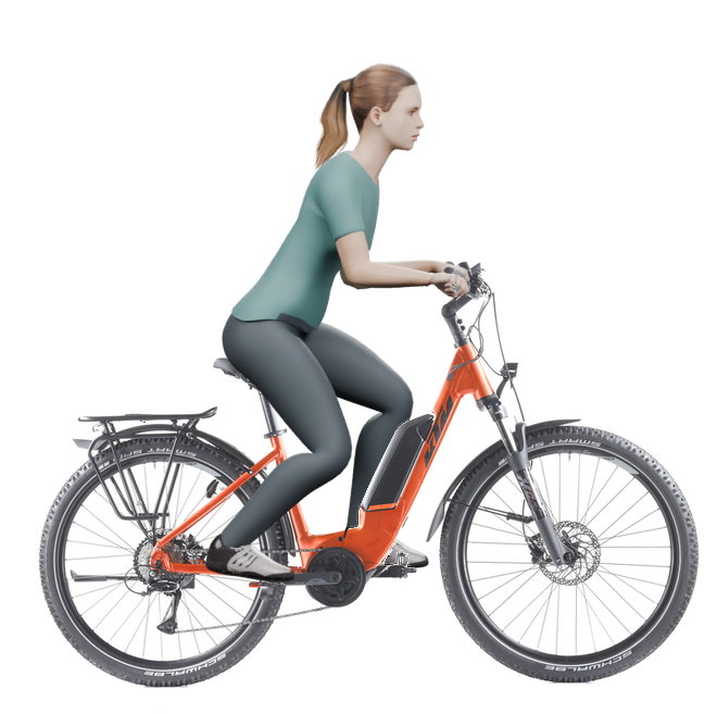 Sitzbeispiel mit derselben 3D-Person: leicht nach vorn geneigte Haltung auf demselben KTM Macina Aera P571 Street mit 43 cm Rahmen.