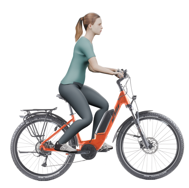 Sitzbeispiel mit 3D-Person: aufrechtere Haltung auf einem KTM Macina Aera P571 Street mit 43 cm Rahmen.
