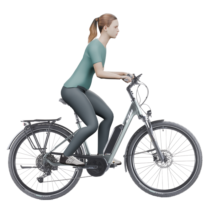 Sitzbeispiel mit derselben 3D-Person: leicht nach vorn geneigte Haltung auf demselben KTM Macina Fun P510 mit 46 cm Rahmen.
