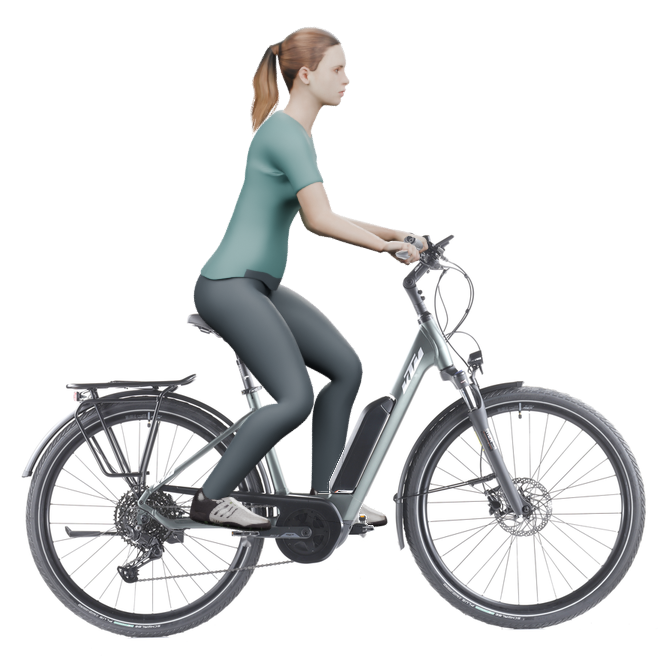 Sitzbeispiel mit 3D-Person: aufrechtere Haltung auf einem KTM Macina Fun P510 mit 46 cm Rahmen.