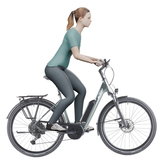 Sitzbeispiel mit derselben 3D-Person: leicht nach vorn geneigte Haltung auf demselben KTM Macina Fun P510 mit 51 cm Rahmen.