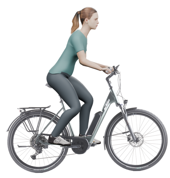 Sitzbeispiel mit derselben 3D-Person: leicht nach vorn geneigte Haltung auf demselben KTM Macina Fun P510 - 2024 mit 56 cm Rahmen.