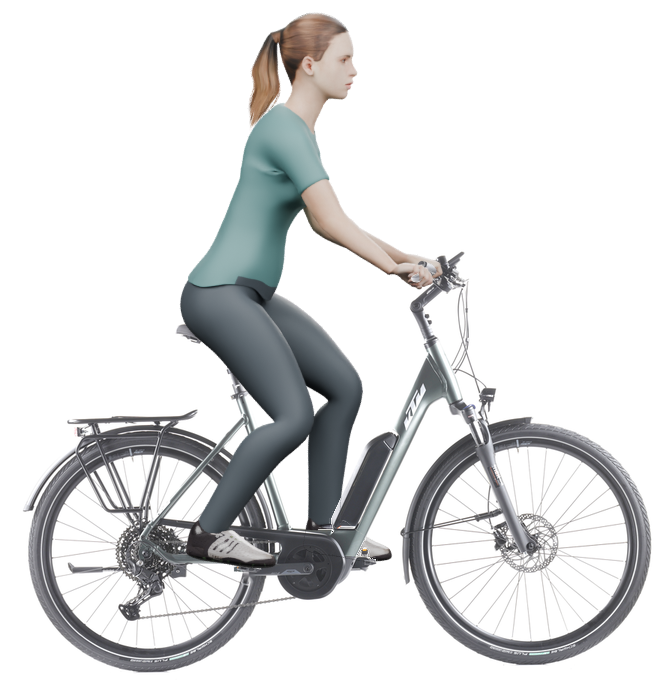 Sitzbeispiel mit 3D-Person: aufrechtere Haltung auf einem KTM Macina Fun P510 - 2024 mit 56 cm Rahmen.
