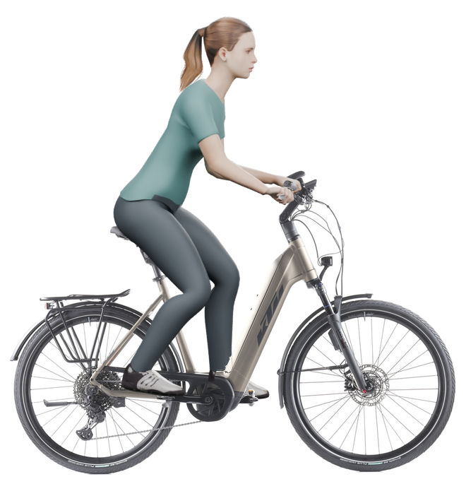 Sitzbeispiel mit derselben 3D-Person: leicht nach vorn geneigte Haltung auf demselben KTM Macina Style 720 ABS mit 56 cm Rahmen.
