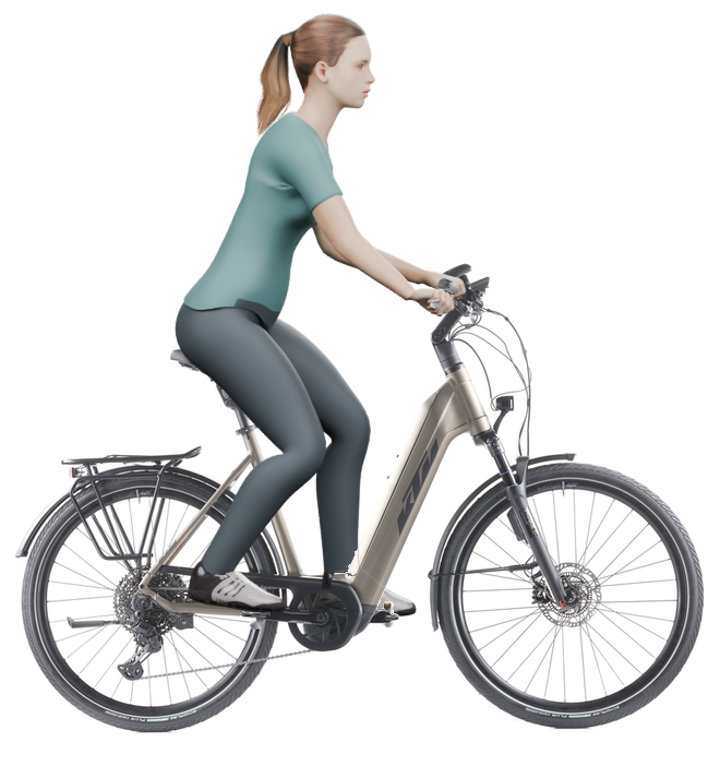 Sitzbeispiel mit 3D-Person: aufrechtere Haltung auf einem KTM Macina Style 720 ABS mit 56 cm Rahmen.
