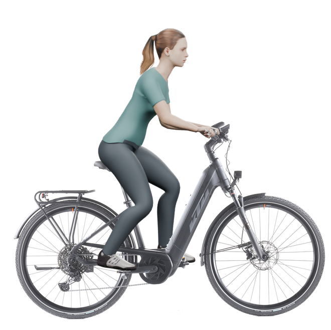 Sitzbeispiel mit derselben 3D-Person: leicht nach vorn geneigte Haltung auf demselben KTM Power Sport 11 Plus mit 43 cm Rahmen.