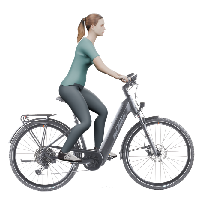 Sitzbeispiel mit 3D-Person: aufrechtere Haltung auf einem KTM Power Sport 11 Plus mit 43 cm Rahmen.