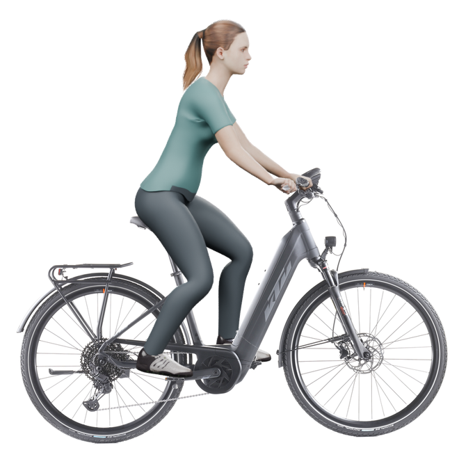 Sitzbeispiel mit 3D-Person: aufrechtere Haltung auf einem KTM Power Sport 11 Plus mit 46 cm Rahmen.