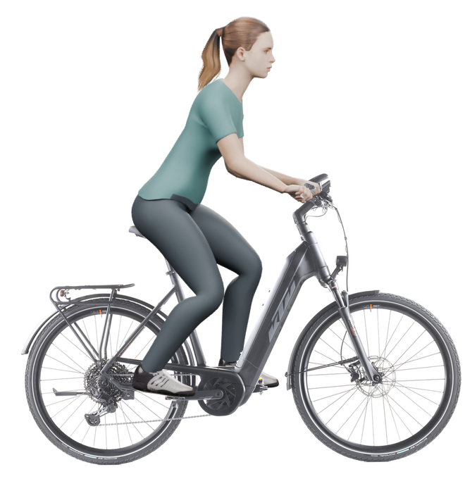 Sitzbeispiel mit derselben 3D-Person: leicht nach vorn geneigte Haltung auf demselben KTM Power Sport 11 Plus mit 56 cm Rahmen.