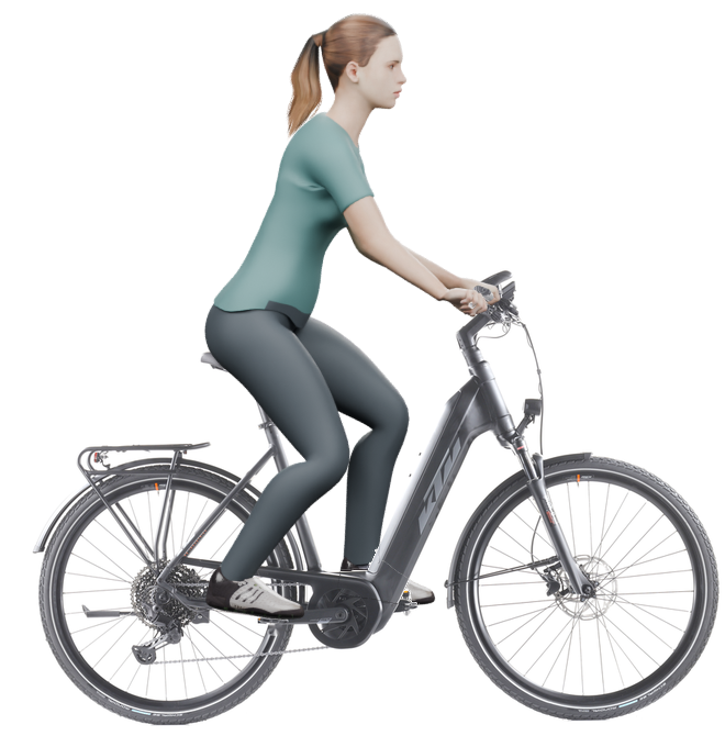 Sitzbeispiel mit 3D-Person: aufrechtere Haltung auf einem KTM Power Sport 11 Plus mit 56 cm Rahmen.