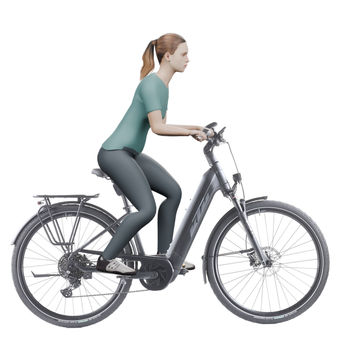 Sitzbeispiel mit derselben 3D-Person: leicht nach vorn geneigte Haltung auf demselben KTM Cento 10 mit 43 cm Rahmen.