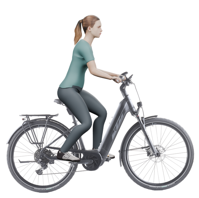 Sitzbeispiel mit 3D-Person: aufrechtere Haltung auf einem KTM Cento 10 mit 43 cm Rahmen.