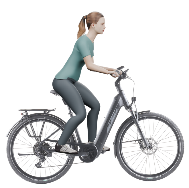 Sitzbeispiel mit derselben 3D-Person: leicht nach vorn geneigte Haltung auf demselben KTM Cento 10 mit 46 cm Rahmen.