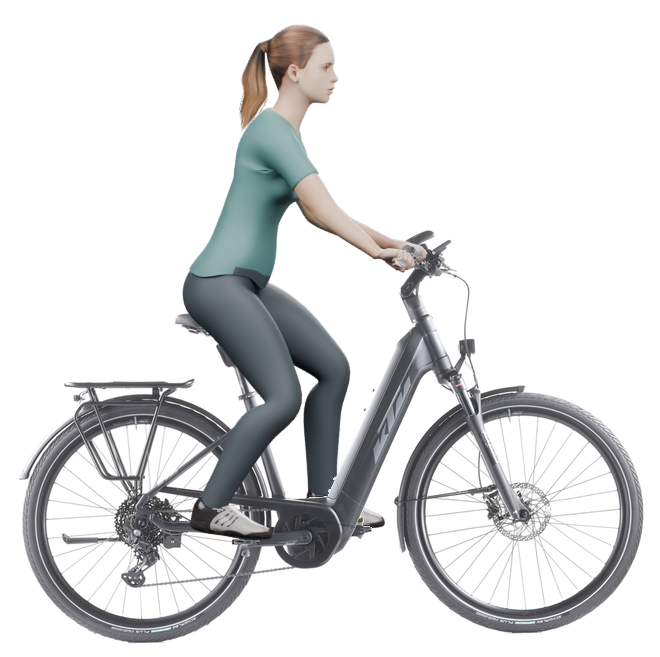 Sitzbeispiel mit 3D-Person: aufrechtere Haltung auf einem KTM Cento 10 mit 46 cm Rahmen.