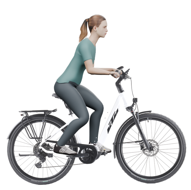 Sitzbeispiel mit derselben 3D-Person: leicht nach vorn geneigte Haltung auf demselben KTM Cento 10 mit 46 cm Rahmen.