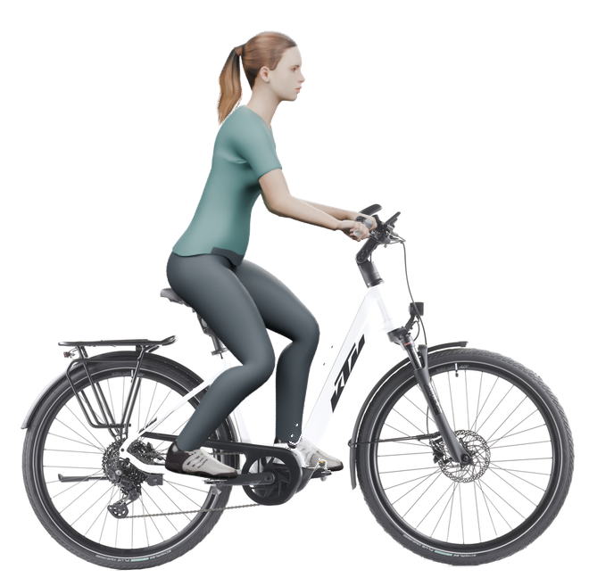 Sitzbeispiel mit 3D-Person: aufrechtere Haltung auf einem KTM Cento 10 mit 46 cm Rahmen.