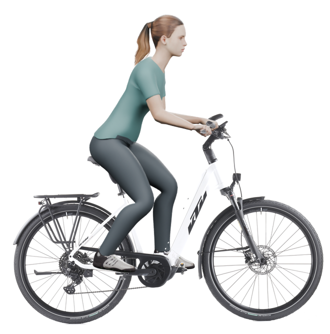 Sitzbeispiel mit derselben 3D-Person: leicht nach vorn geneigte Haltung auf demselben KTM Cento 10 mit 51 cm Rahmen.