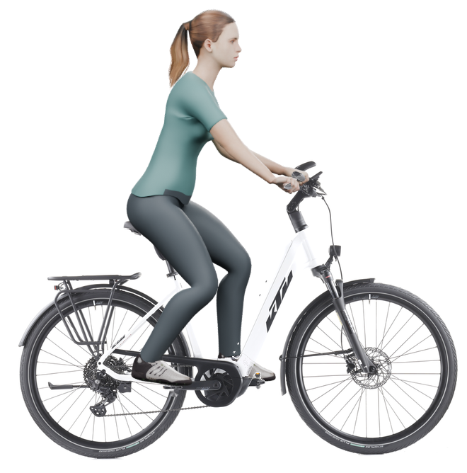 Sitzbeispiel mit 3D-Person: aufrechtere Haltung auf einem KTM Cento 10 mit 51 cm Rahmen.