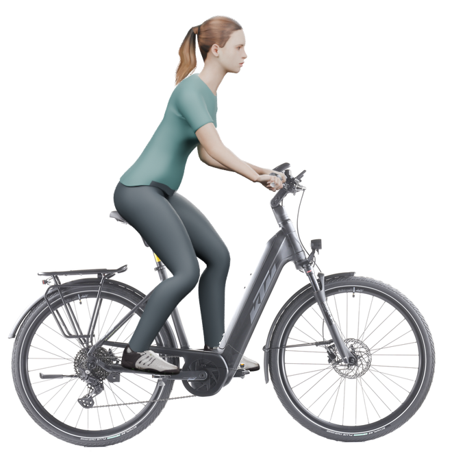 Sitzbeispiel mit derselben 3D-Person: leicht nach vorn geneigte Haltung auf demselben KTM Cento 10 mit 51 cm Rahmen.
