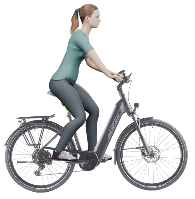 Sitzbeispiel mit 3D-Person: aufrechtere Haltung auf einem KTM Cento 10 mit 51 cm Rahmen.