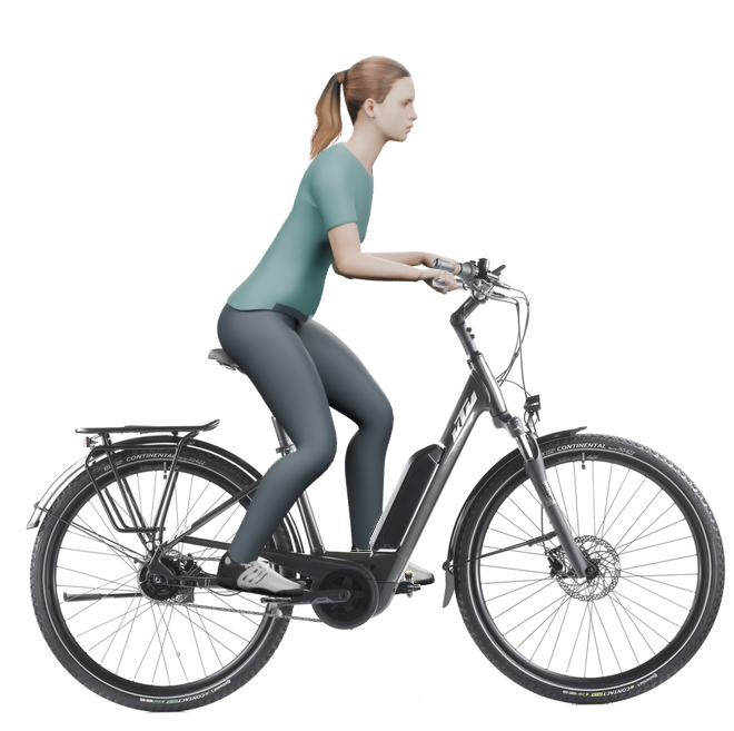 Sitzbeispiel mit derselben 3D-Person: leicht nach vorn geneigte Haltung auf demselben KTM Macina Central P510 mit 43 cm Rahmen.